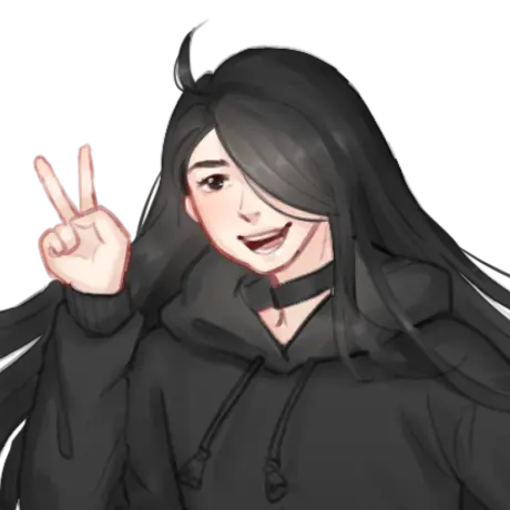 My profile picture, as my OC with long black hair doing a peace sign